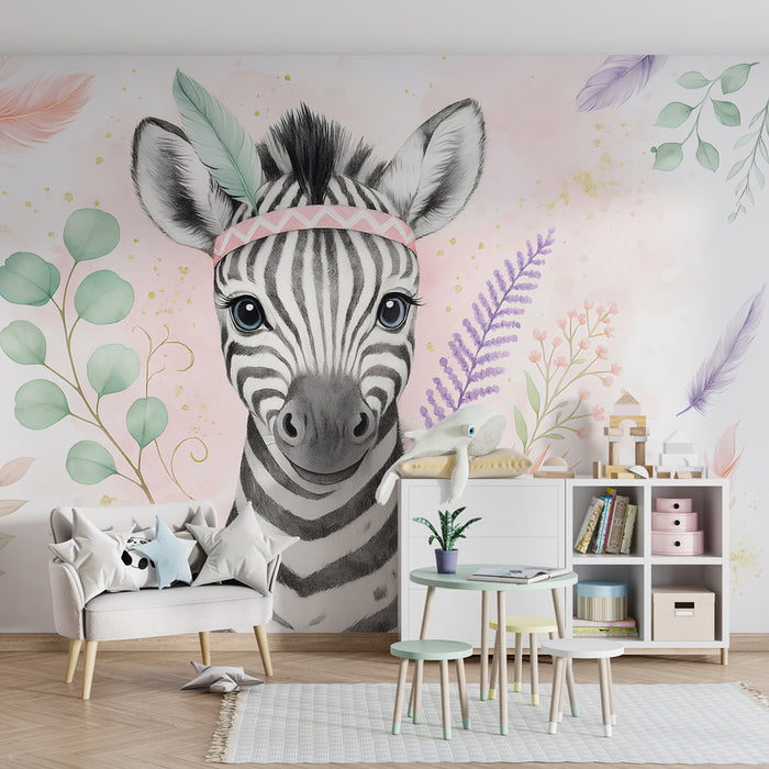 Papier de parede dječje sobe | Simpatični zebra s cvjetnom krunom