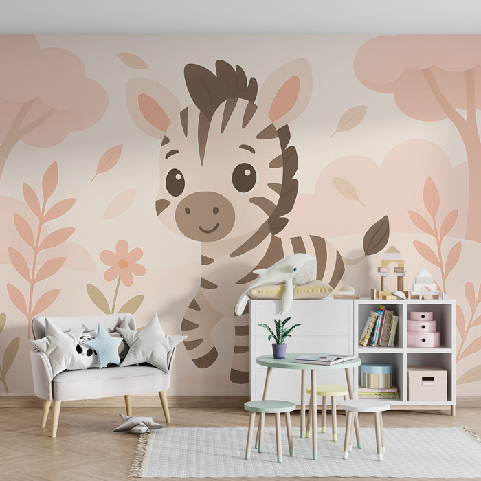Carta da parati bambini | Adorabile zebra in un paesaggio pastello
