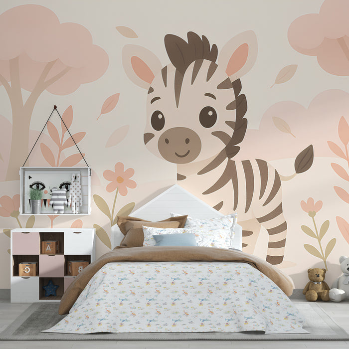 Carta da parati bambini | Adorabile zebra in un paesaggio pastello