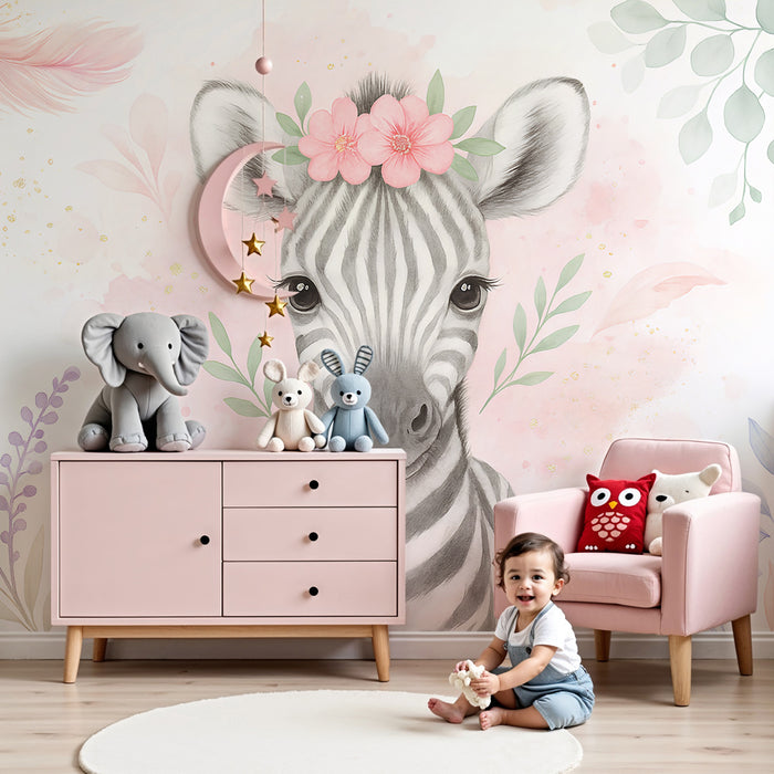 Kinderkamer behang | Schattige zebra en pastel bloemen