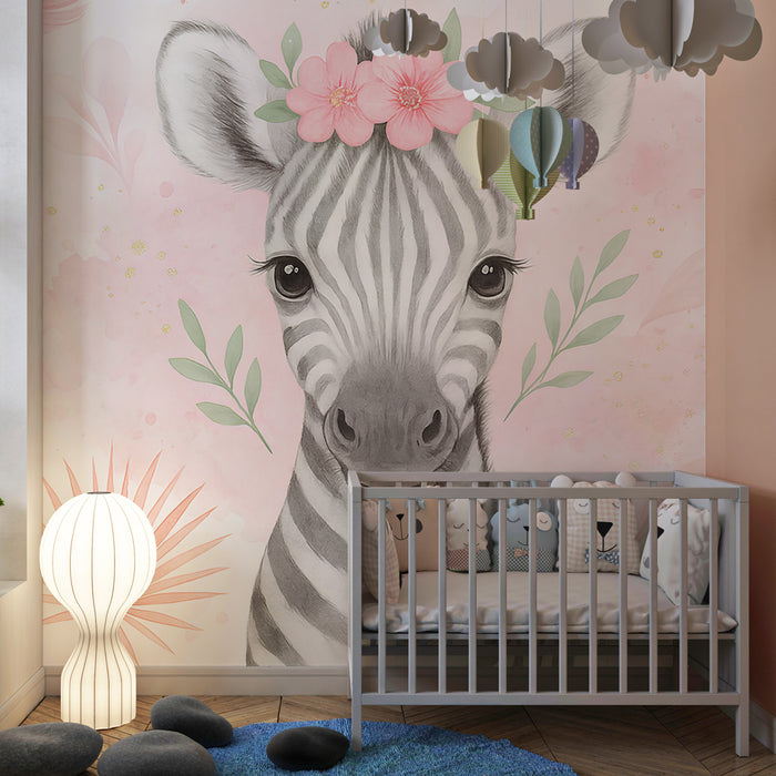 Kinderkamer behang | Schattige zebra en pastel bloemen