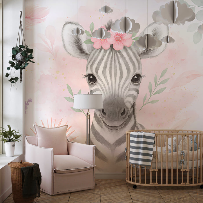 Kinderkamer behang | Schattige zebra en pastel bloemen