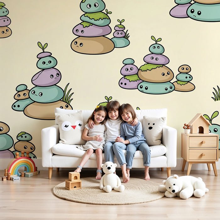 Papier peint chambre enfant | Mignons petits cailloux avec visages et plantes vertes