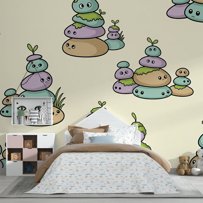 Papier peint chambre enfant | Mignons petits cailloux avec visages et plantes vertes