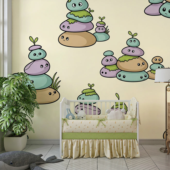 Papier peint chambre enfant | Mignons petits cailloux avec visages et plantes vertes