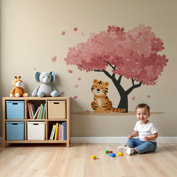 Børneværelse tapet | Mini tiger under et blomstrende kirsebærtræ