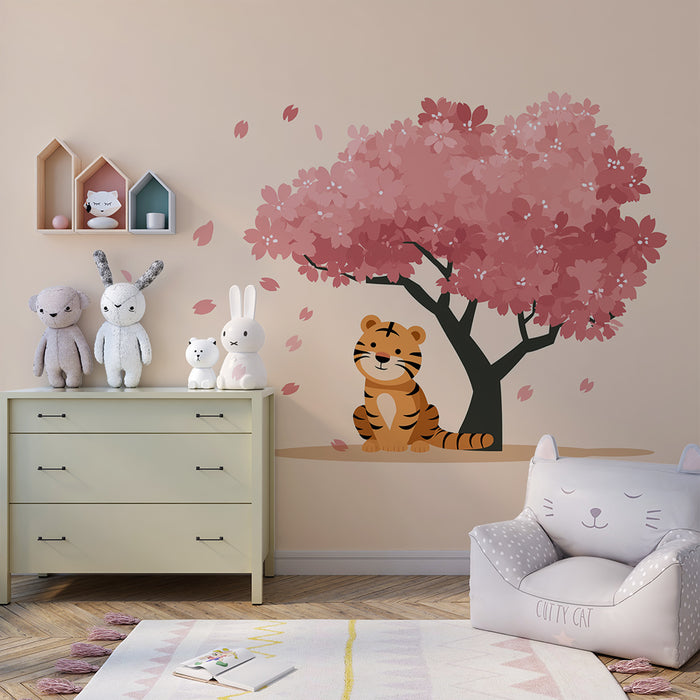 Børneværelse tapet | Mini tiger under et blomstrende kirsebærtræ