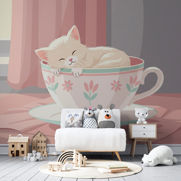 Papel pintado infantil | Gato durmiendo en una taza