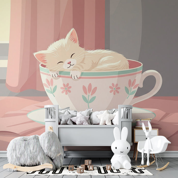 Papel pintado infantil | Gato durmiendo en una taza