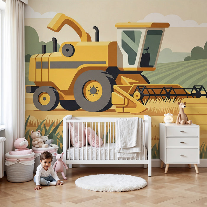 Tapete Kinderzimmer | Erntemaschine und Heuballen in einer Bauernhof-Landschaft