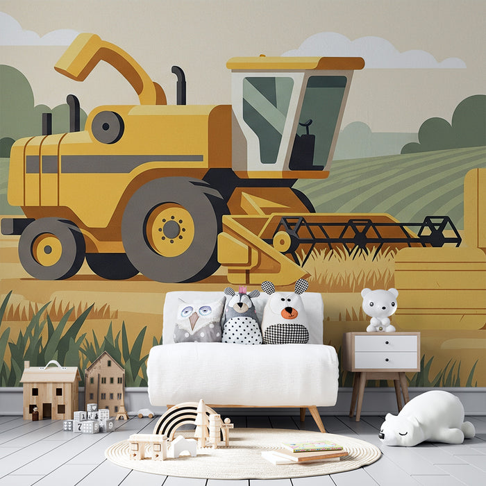 Tapete Kinderzimmer | Erntemaschine und Heuballen in einer Bauernhof-Landschaft