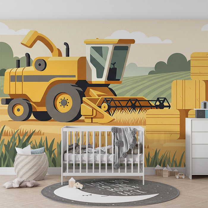 Tapete Kinderzimmer | Erntemaschine und Heuballen in einer Bauernhof-Landschaft