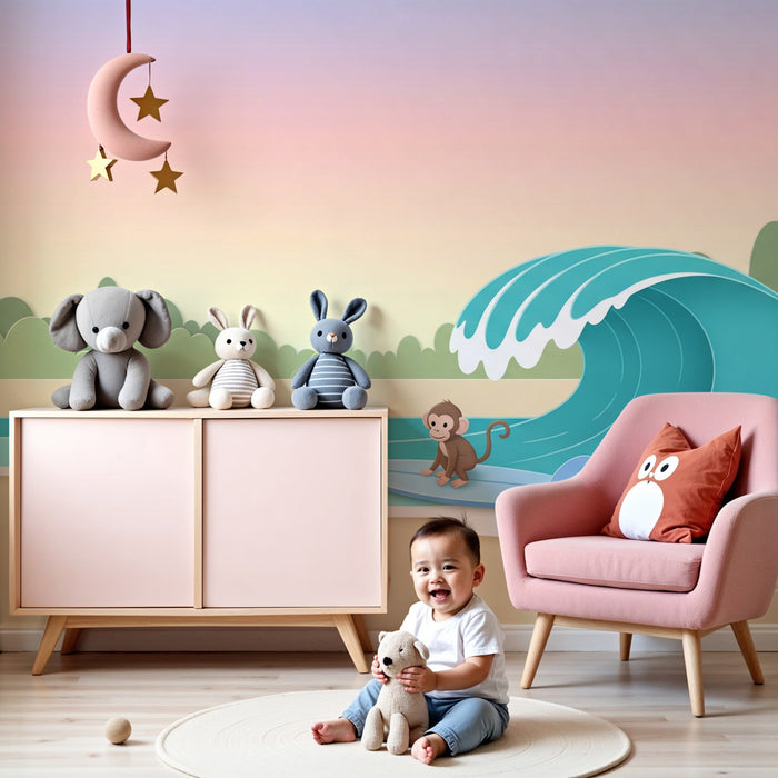 Papier peint chambre enfant | Mon petit singe surfeur au bord de la mer