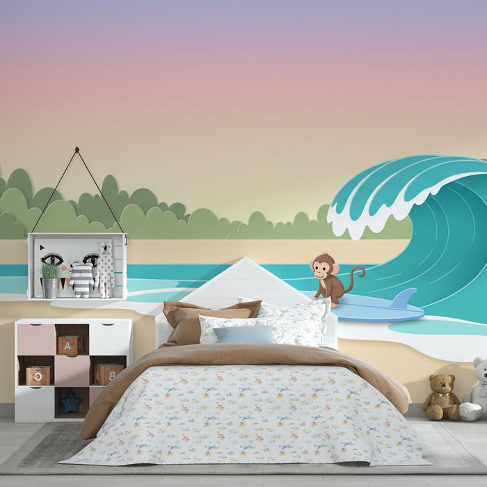 Papier peint chambre enfant | Mon petit singe surfeur au bord de la mer
