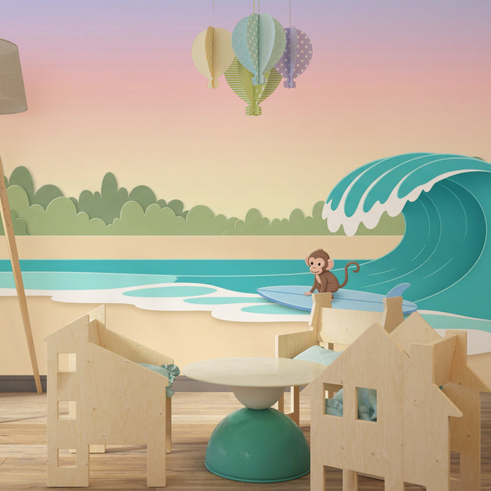 Papier peint chambre enfant | Mon petit singe surfeur au bord de la mer