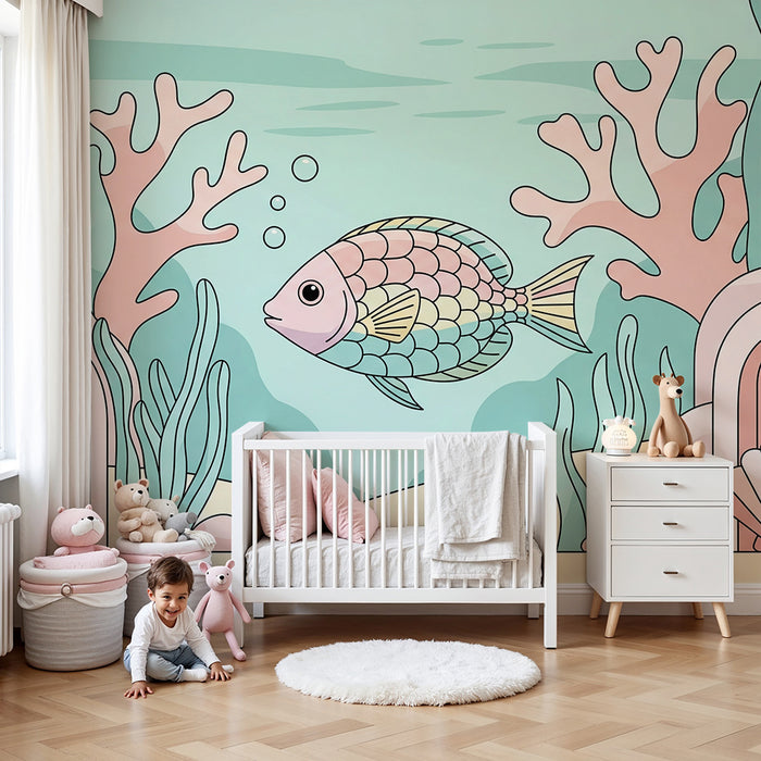 Kinderzimmer Tapete | Bunte Unterwasserwelt mit tropischen Fischen zwischen Korallen