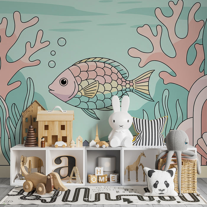 Kinderzimmer Tapete | Bunte Unterwasserwelt mit tropischen Fischen zwischen Korallen