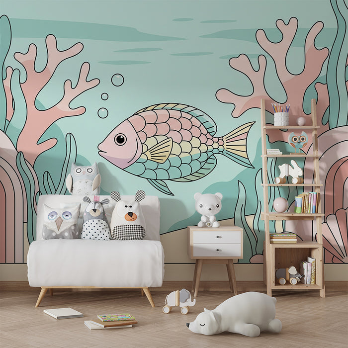 Kinderzimmer Tapete | Bunte Unterwasserwelt mit tropischen Fischen zwischen Korallen