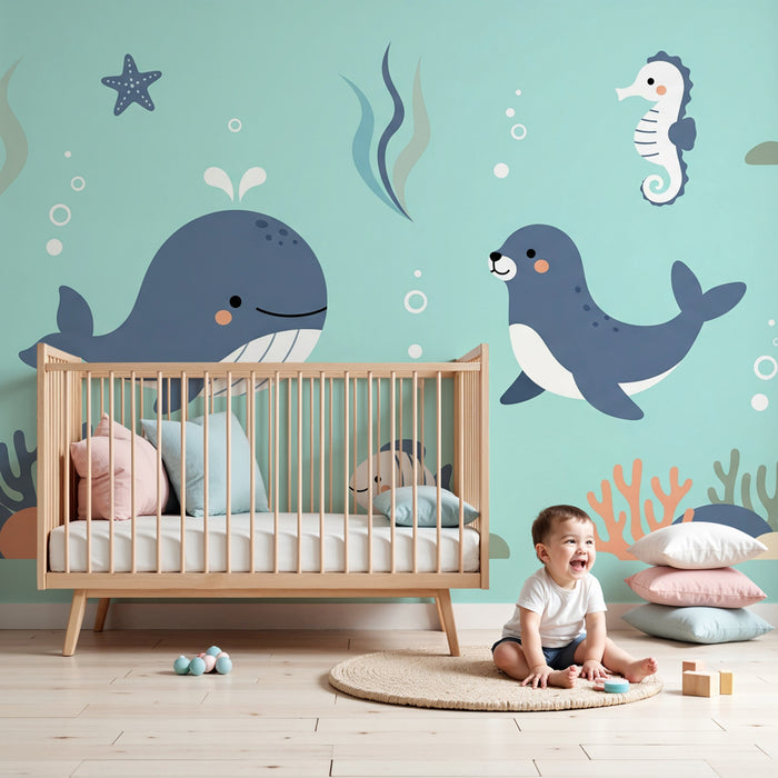 Papier peint chambre enfant | Monde aquatique joyeux avec animaux marins