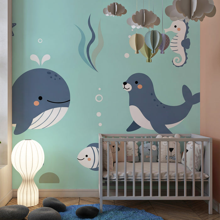 Papier peint chambre enfant | Monde aquatique joyeux avec animaux marins