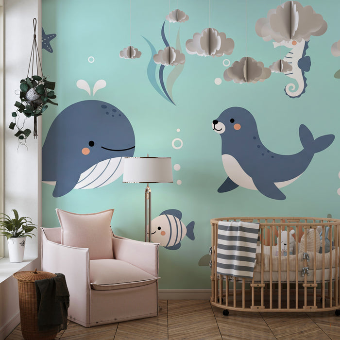 Papier peint chambre enfant | Monde aquatique joyeux avec animaux marins