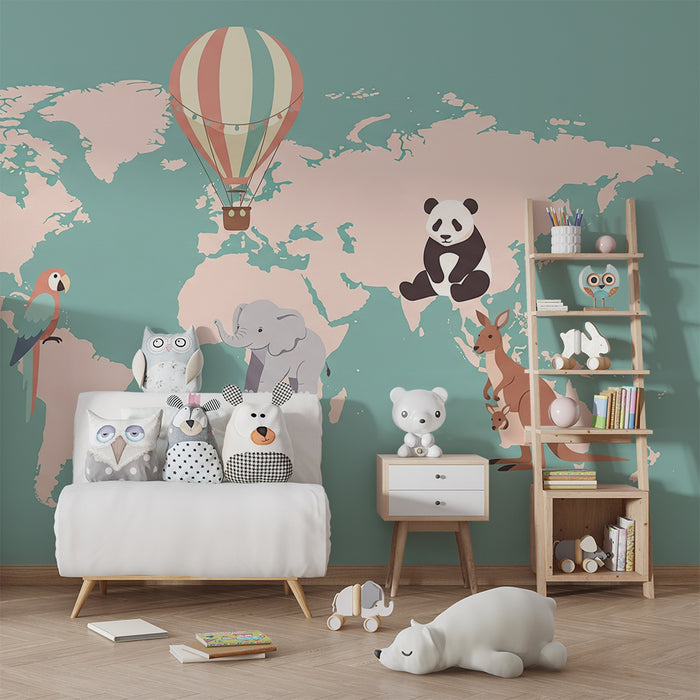 Gyerek szoba tapéta | Színes világ állatokkal és hőlégballonnal