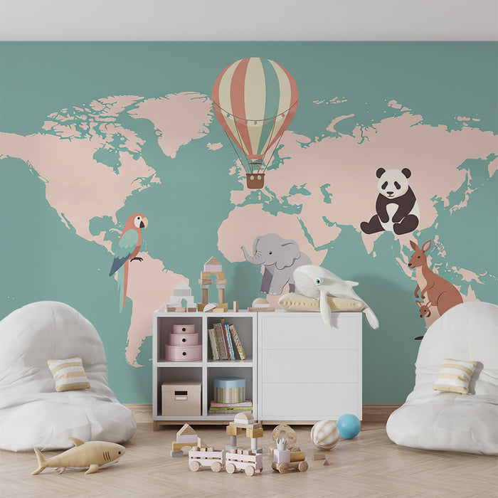 Gyerek szoba tapéta | Színes világ állatokkal és hőlégballonnal
