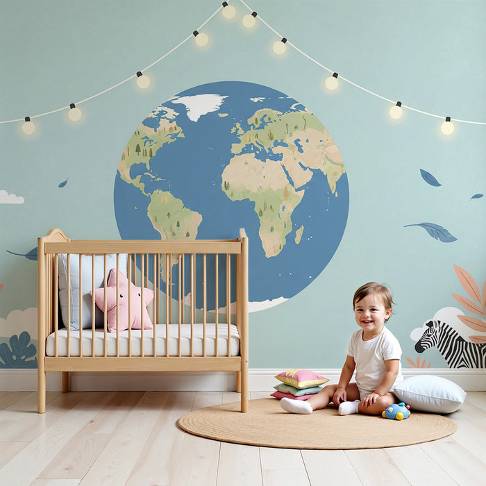 Papel de parede criança | Šareni svijet s globusom i prirodnim elementima