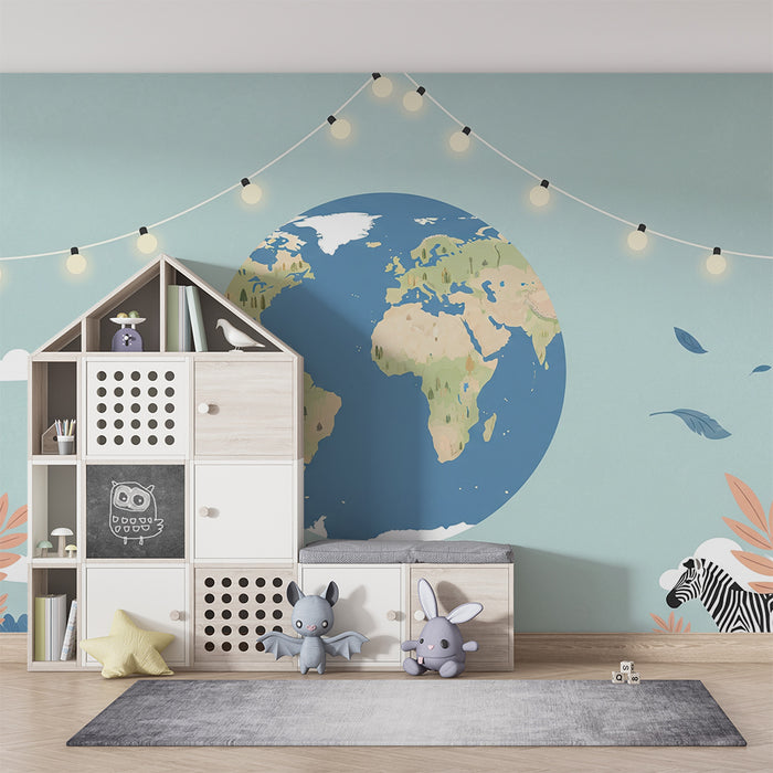 Papel de parede criança | Šareni svijet s globusom i prirodnim elementima