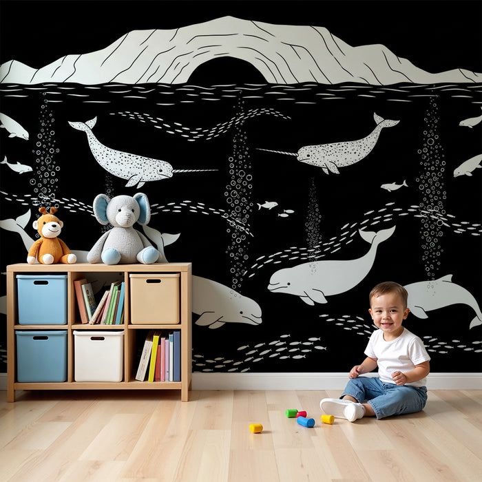 Carta da parati bambini | Mondo marino con balene e narvali in bianco e nero