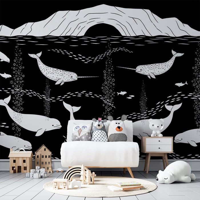 Carta da parati bambini | Mondo marino con balene e narvali in bianco e nero