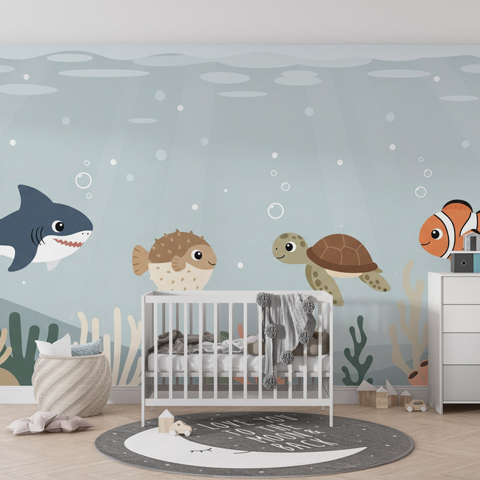Carta da parati bambini | Mondo sottomarino con piccoli animali felici