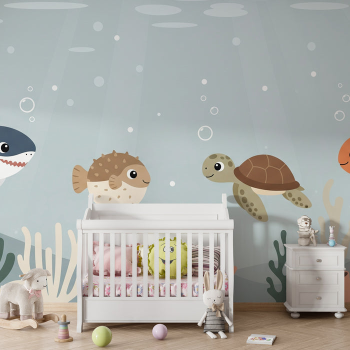 Carta da parati bambini | Mondo sottomarino con piccoli animali felici