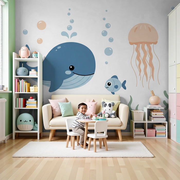 Papier peint chambre enfant | Monde sous-marin coloré avec animaux marins