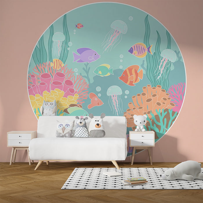 Kinderzimmer Tapete | Bunte Unterwasserwelt mit Fischen und Quallen