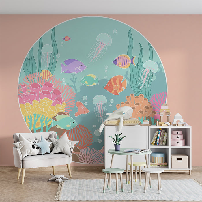 Kinderzimmer Tapete | Bunte Unterwasserwelt mit Fischen und Quallen