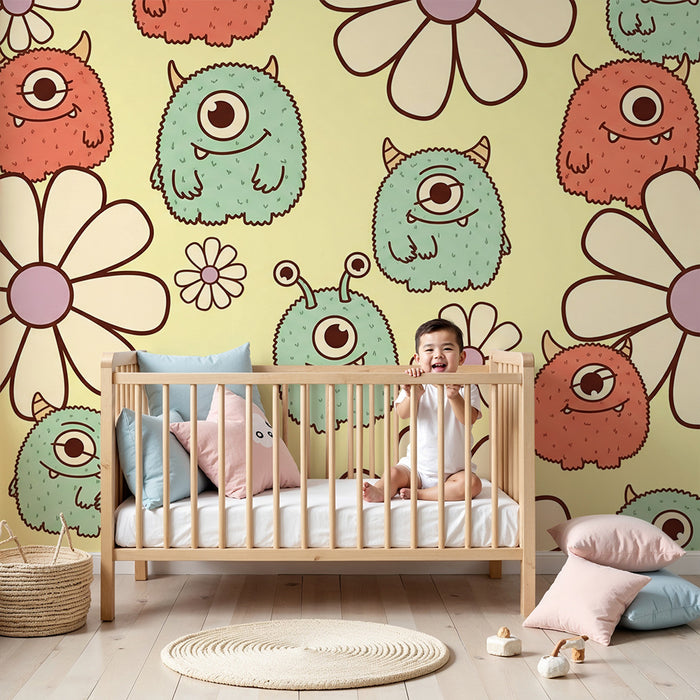 Papel de parede para quarto infantil | Monstros divertidos com flores coloridas em fundo pastel