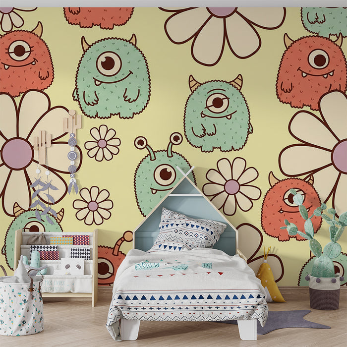 Papel de parede para quarto infantil | Monstros divertidos com flores coloridas em fundo pastel