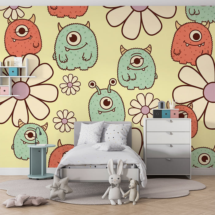 Papel de parede para quarto infantil | Monstros divertidos com flores coloridas em fundo pastel