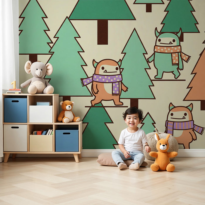 Papier peint chambre enfant | Monstres amusants dans une forêt colorée
