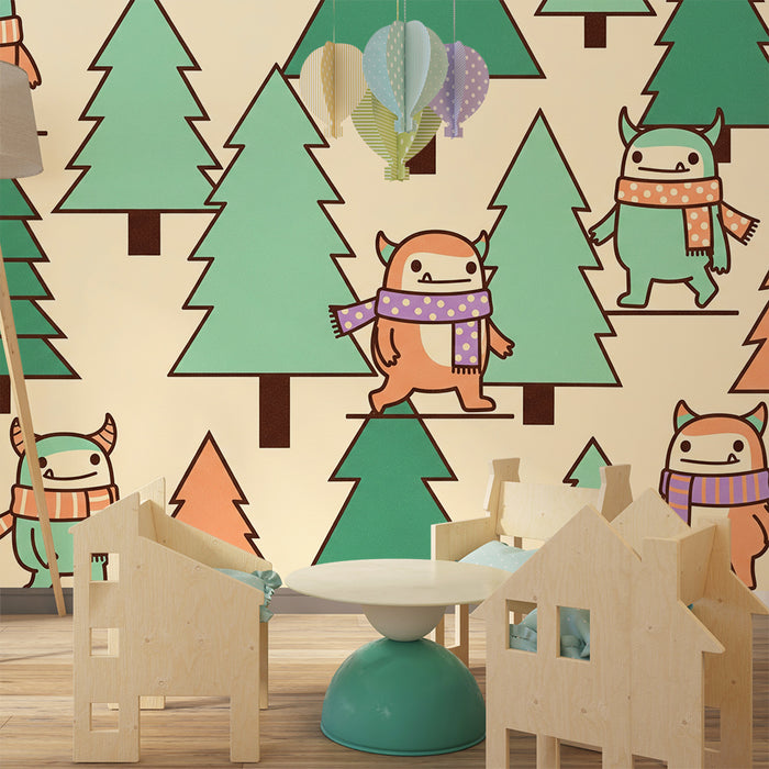Papier peint chambre enfant | Monstres amusants dans une forêt colorée