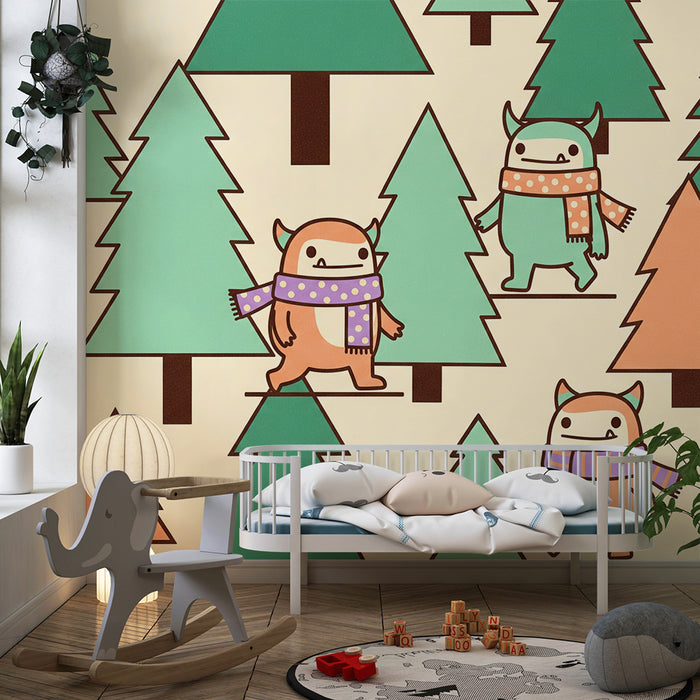 Papier peint chambre enfant | Monstres amusants dans une forêt colorée