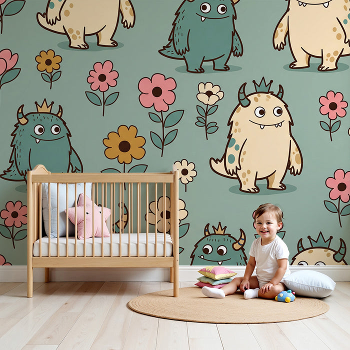 Papier peint chambre enfant | Monstres amusants et fleurs colorées sur fond pastel