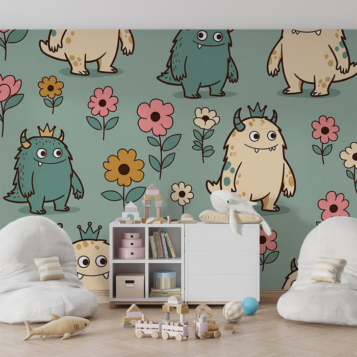 Papier peint chambre enfant | Monstres amusants et fleurs colorées sur fond pastel
