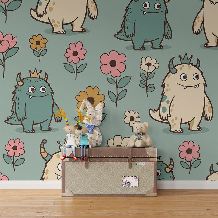 Papier peint chambre enfant | Monstres amusants et fleurs colorées sur fond pastel