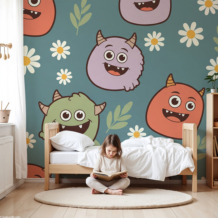 Behang kinderkamer | Grappige monsters en bloemen op kleurrijke achtergrond