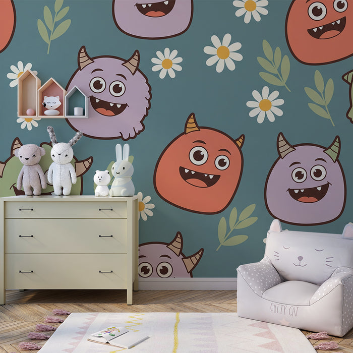 Behang kinderkamer | Grappige monsters en bloemen op kleurrijke achtergrond