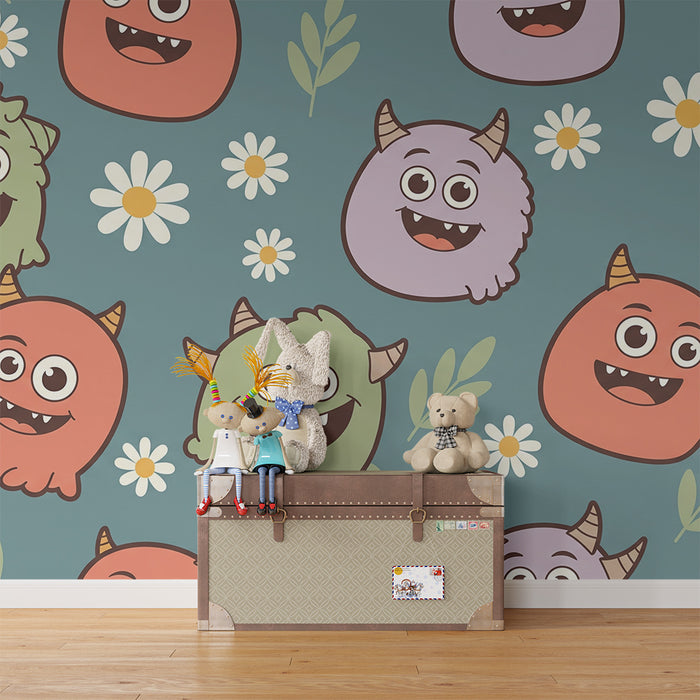 Behang kinderkamer | Grappige monsters en bloemen op kleurrijke achtergrond