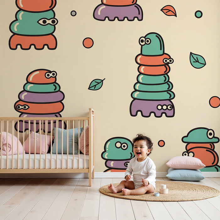 Papier peint chambre enfant | Monstres colorés et amusants sur fond doux
