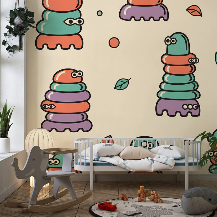 Papier peint chambre enfant | Monstres colorés et amusants sur fond doux